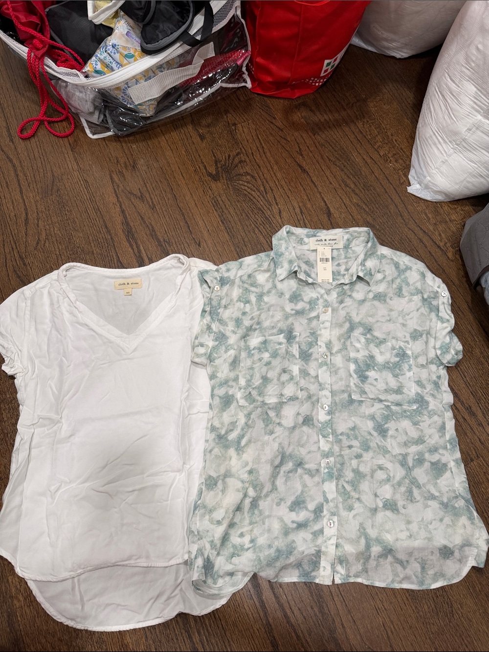 Cloth & Stone White V-Neck Tee and Mint Patterned Button-Up Shirt